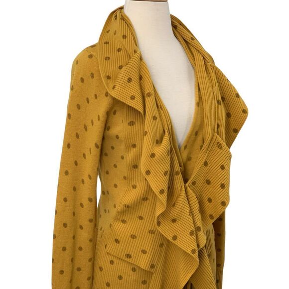 Anthropologie Moth Van Wrinkle Ruffle Neck Yellow Wool Polka Dot Cardigan Size L - Picture 4 of 12